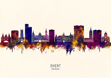 Ghent, Belgium Skyline Watercolor Art