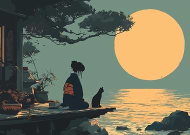 Japanese Woman and Cat by the Sea