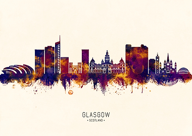 Glasgow Scotland Skyline Watercolor Art
