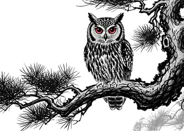 Owl on Branch Ink Painting Japanese Sumi-e