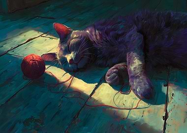 Sleeping Cat with Yarn Ball 'Worn Out Whiskers'