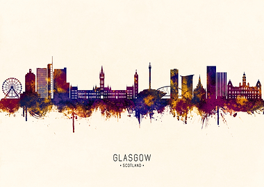 Glasgow Scotland Skyline Watercolor Silhouette