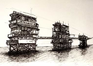 Offshore Platform Ink Drawing