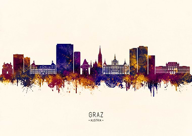 Graz Austria Skyline Watercolor