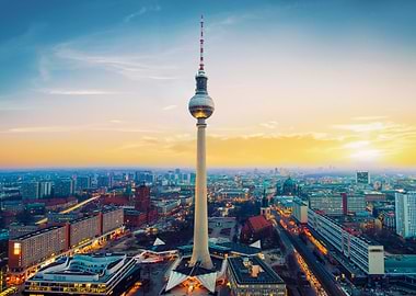 berlin cityscape with tv tower at sunset