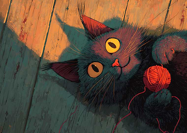 Playful Cat with Yarn Ball