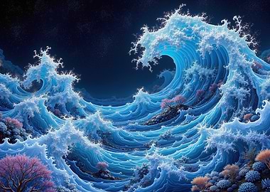 Pixelated Ocean Waves at Night