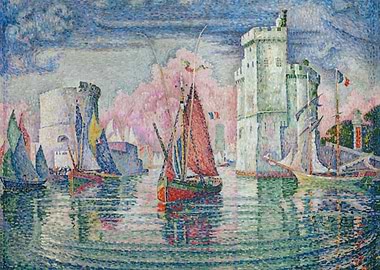 Harbor Scene with Sailboats and Towers