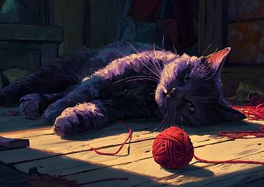 Whimsical Cat and Yarn