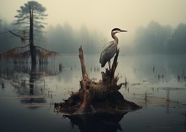 Heron on a Misty Lake