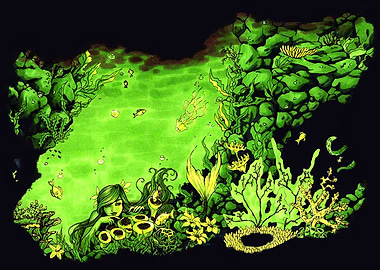 Green Mermaid in Underwater Scene