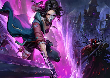 Phantom hellcut Masked Warrior in Fantasy Landscape