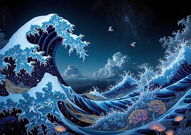 Pixelated Great Wave at Night