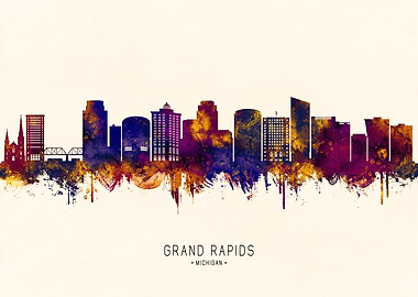 Grand Rapids Michigan Skyline Watercolor