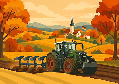 Tractor plowing field in autumn