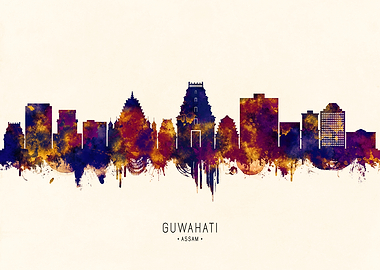 Guwahati Assam Skyline Watercolor Silhouette