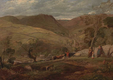 Landscape painting with figures and livestock