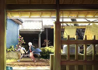 Anime scene with two running characters