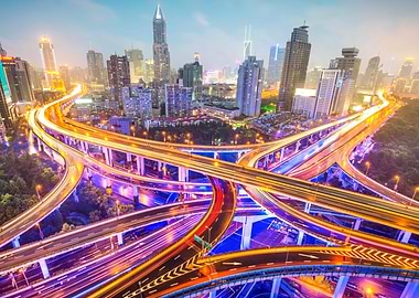 Shanghai Cityscape at Night with Highways