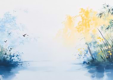 Watercolor Landscape with Birds and Bamboo