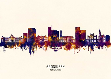 Groningen Netherlands Skyline Watercolor Art