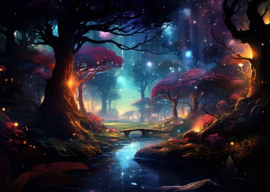 Enchanted Forest with River and Bridge