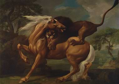 Lion attacking a horse painting