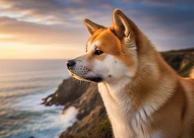 Akita Dog at Sunset