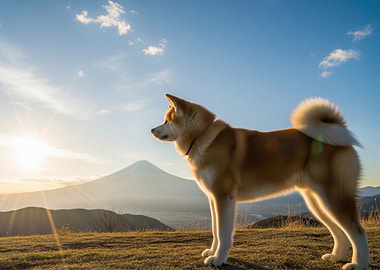 Akita dog with Mount Fuji background