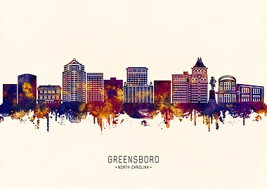 Greensboro, North Carolina Watercolor Skyline