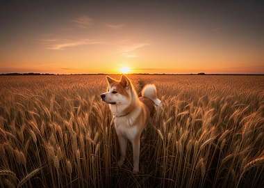 Akita dog in wheat field sunset