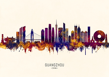 Guangzhou Skyline Watercolor Silhouette