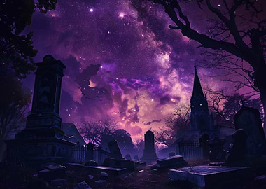Night Cemetery with Church and Starry Sky
