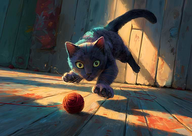 Commander Whiskers Pouncing on Red Yarn Ball