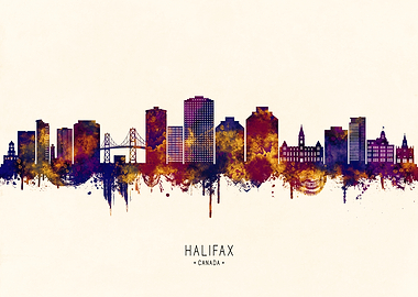 Halifax Canada Skyline Watercolor Silhouette