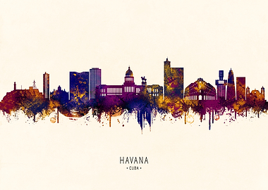 Havana Cuba Skyline Watercolor Art