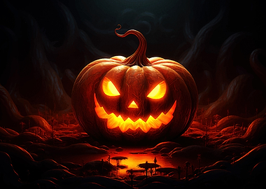 Glowing Halloween Pumpkin in Dark Landscape