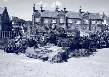 Monochrome English Fishing Port Scene