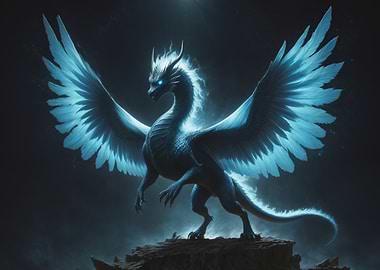 Winged Magical Blue Dragon Standing on a Rock