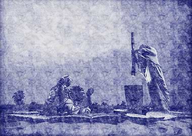 Blue Landscape with Windmill and Buildings