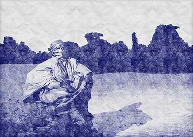 Blue Ink Landscape with Figure