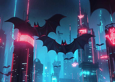 Cyberpunk Cityscape with Bats