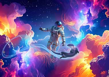 Astronaut and Otter in Space Clouds