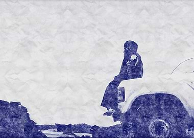 Man Sitting on Truck, Blue Sketch