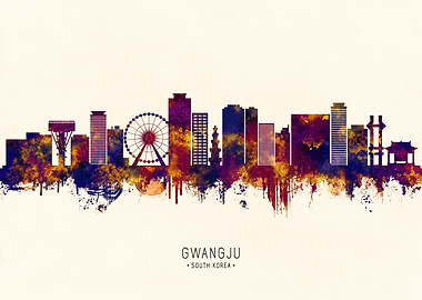 Gwangju, South Korea Skyline Watercolor