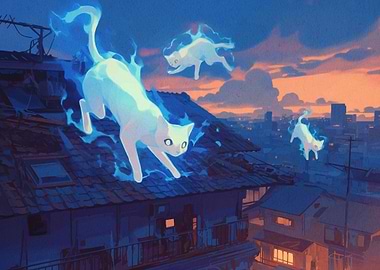 Ghost Cats Over Cityscape