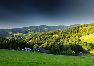 Green Mountain Landscape with Houses, Cieńków, Beskid