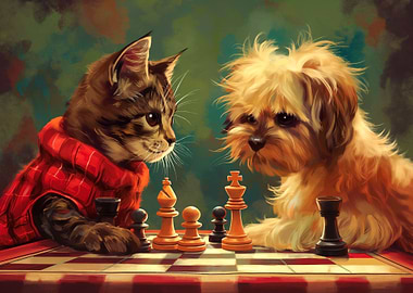 Cat and Dog Playing Chess