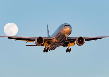 Korean Air Landing with Moon in Background