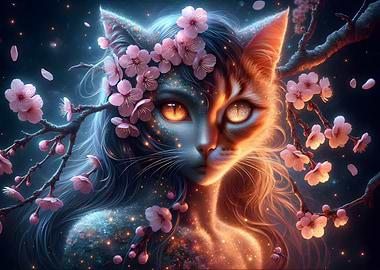 Mystical Cat-Human Hybrid with Cherry Blossoms